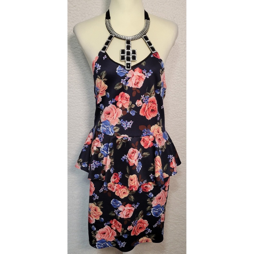 A & S Diva Fashion Women's Halter Dress Sz L Sleeveless Floral Knee Length 1782